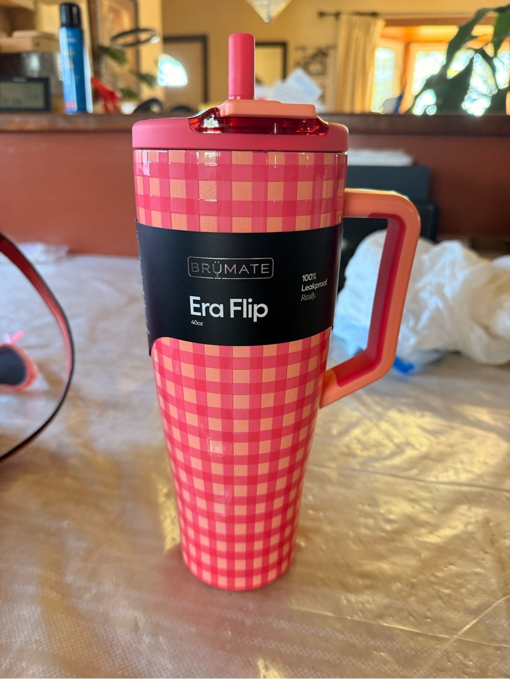 Brumate - NEW - Era Flip 40oz Insulated Travel Tumbler - Peach & Pink Gingham